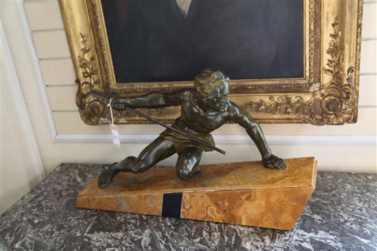 A French Art Deco patinated metal model of a hunter, 28.5in.